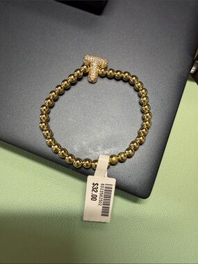 Zoe Belle Gold Beaded Stretch Bracelet with Pavé 'T" Initial Charm